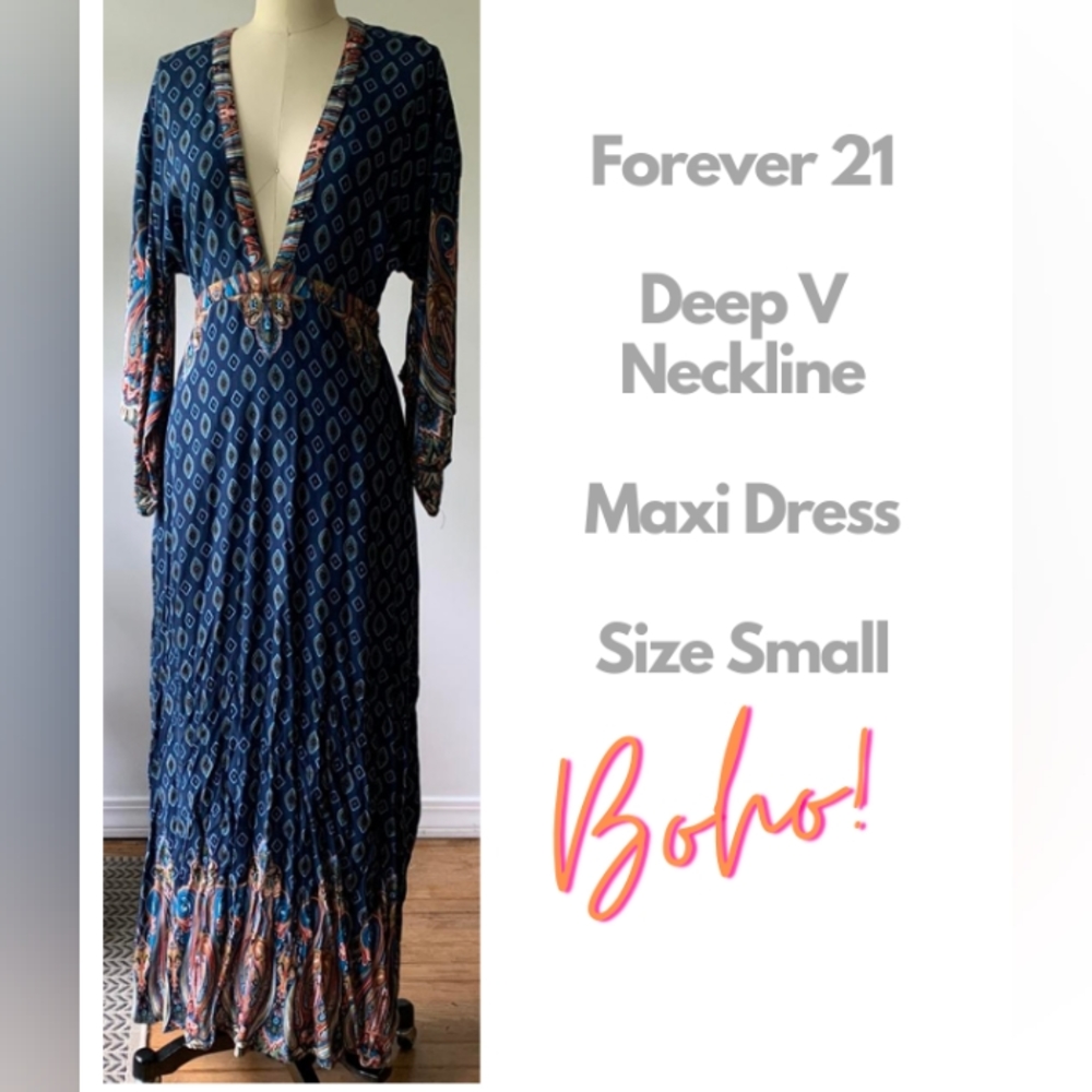 FOREVER 21: Boho Style Long Dress w/ Deep V Neckline